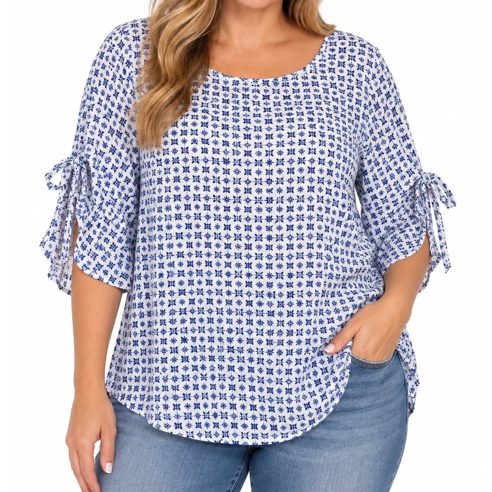Worthington Woman Blue White Tile Print Tie Sleeve Blouse Plus Size 1X
